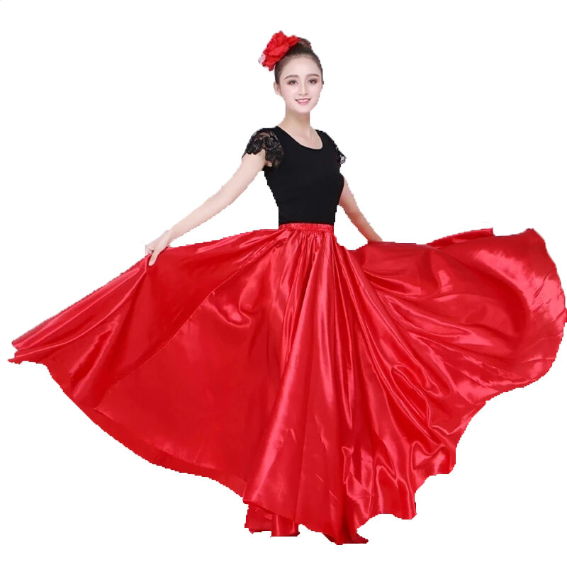 Belly Dancing Skirt Solid Gypsy Women Girl Spanish Flamenco Skirt Satin Big Swing Dress Adult Kids Stage Performance 360Degree