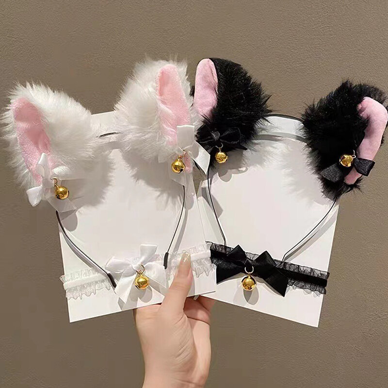 Sexy Cat Ears Headband for Women Girls Lace Bow Necklace Plush Bell Hairband Cosplay Masquerade-Party Costume Hair Accessories