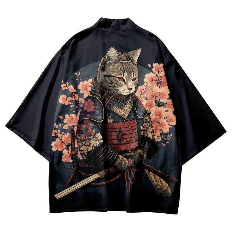 Japanese Kimono Yukata Samurai Kimono Man Cat Print Shirt Clothing Harajuku Cardigan For MenTraditional Haori Kimono Women