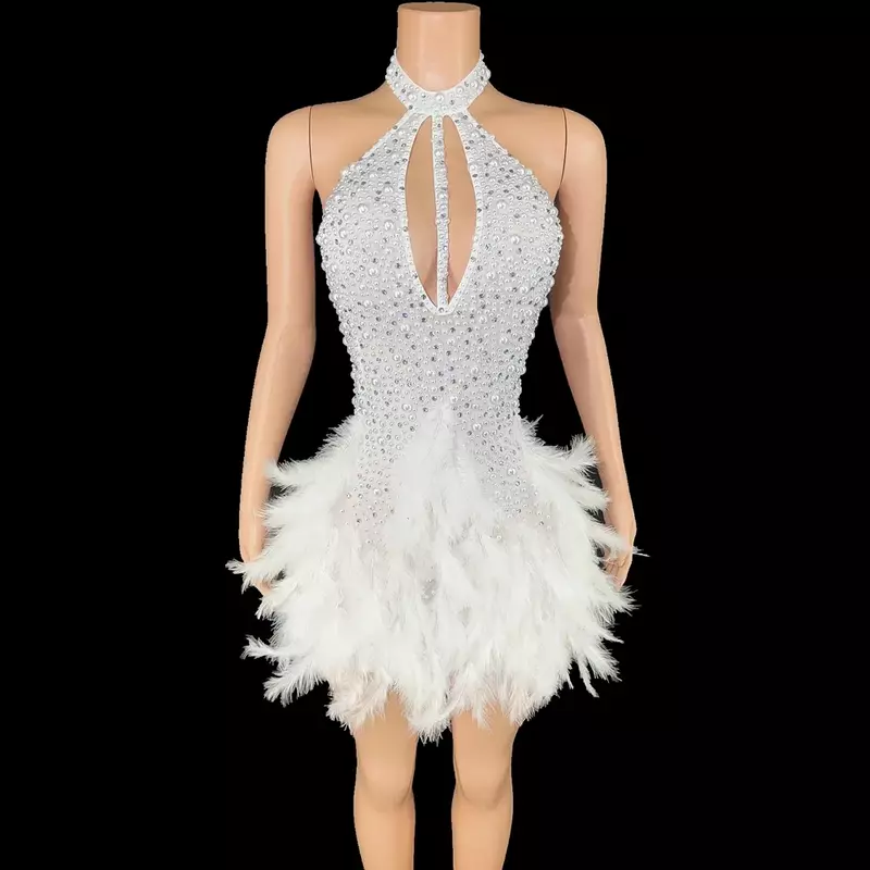 Sexy Rhinestones Pearls Halter Backless Short White Feathers Dress Women Celebrate Birthday Dress Performance Dance Costume
