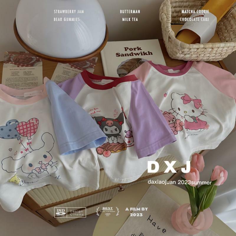 Sanrios Hello Kittys Girls t-shirt bawełniany Kawaii Kuromi Cinnamoroll dziecko z krótkim rękawem nadruk kreskówkowy lato topy w koreańskim stylu uroczy