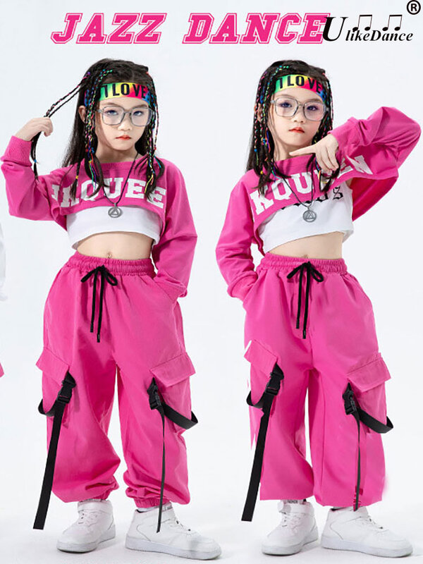 Kids Hip Hop Costume Kpop Outfits for Girls Sweatshirt Crop Top Long Sleeve Shirt Tank Cargo Pants Child Street Dance Clothing