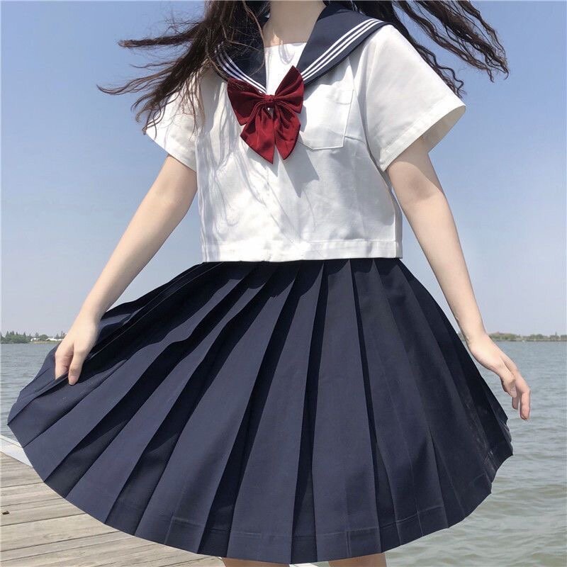 Japanese School Uniform Girls Plus Size Jk Suit Red Tie White Three Basic Sailor Uniform Women Long Sleeve Suit