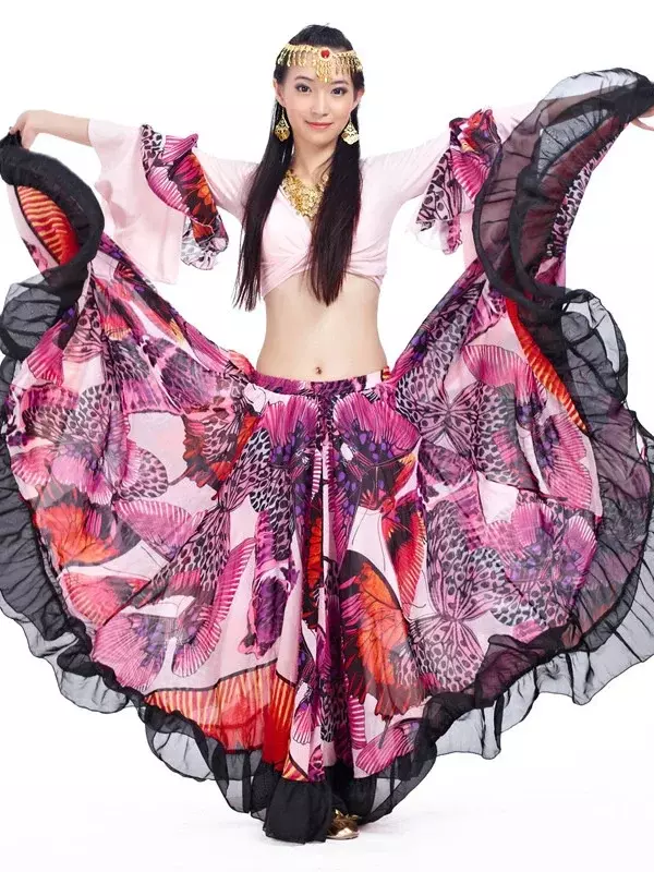 Gypsy Swing Skirt Chiffon Big Circle Belly Dance Costume Outfit Print Choli Top Wrap Blouse Horn Sleeve Dancer Performance Show