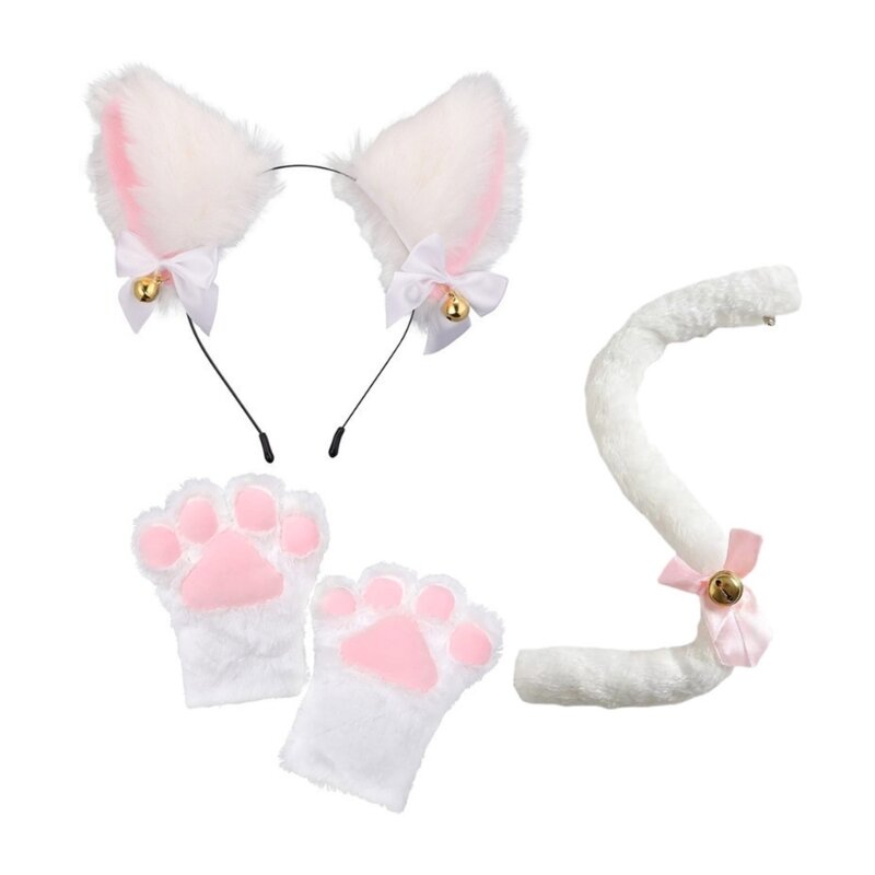 3/4Pcs Cat Costume for Kids-Cat Ears Headband Tail Tail Bell Choler Gloves Halloween Party Animal Cosplay Accessories