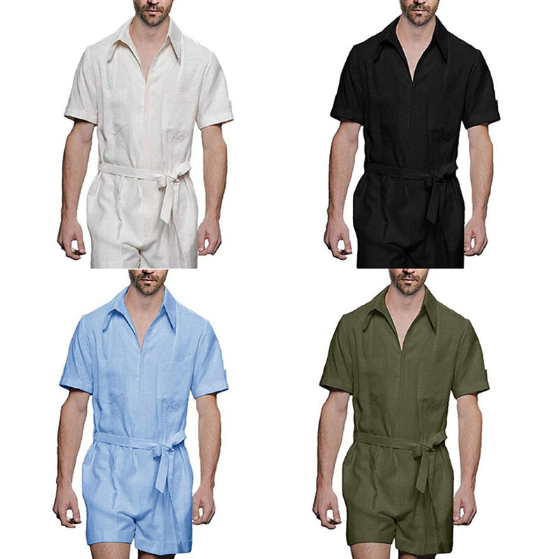 Short Sleeve Lapel Zip-up Mens Overalls Romper 2024 Spring Summer Trendy Pockets Pure Color Jumpsuit For Men Clothing Streetwear