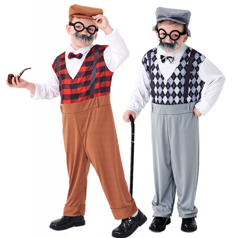 Halloween Cosplay Old Man Costume for Kids 100th Day of School Grandpa Costume Accessories Including Hat Glasses Beard Gangster