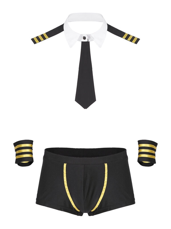 4Pcs Mens Sexy Sailor Costume Outfit Necktie Collar Suspender Boxer Briefs Collar Cuffs Captain Uniform Lingerie Set Outfits