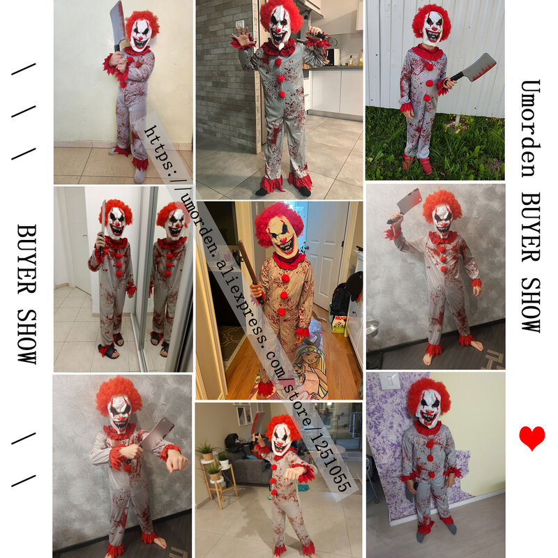 Umorden Fantasia Purim Halloween Costumes for Child Kids Boys Scary Creepy Bloody Killer Circus Clown Jester Costume Cosplay
