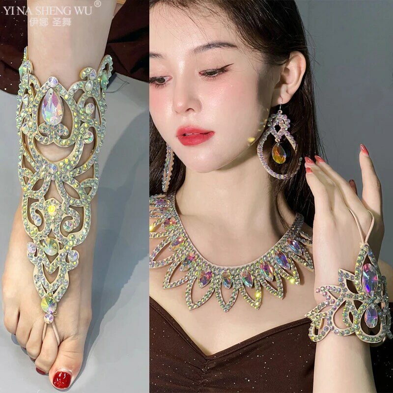 Belly Dance Clothing Accessories Women Belly Dance Stage Rhinestone Necklace Oriental Performance Anklet Earring Jewelry