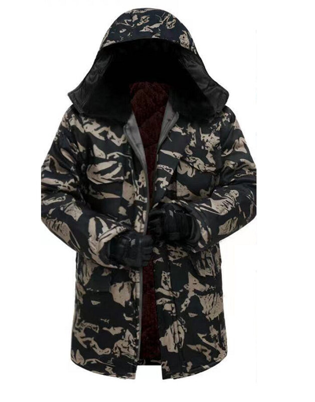 Inverno camo algodão casaco masculino trabalho com capuz grosso trabalho longo veludo algodão jaqueta