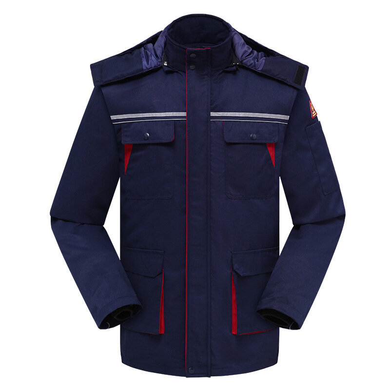 Unisex Anti estático reflexivo Stripe trabalho terno, Multi bolsos segurança casaco com capuz, algodão destacável acolchoado uniforme de inverno