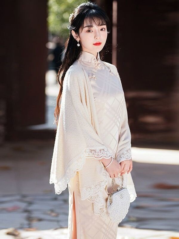 Dames Retro Stijl Kant Sjaal Chinese Cheongsam Accessoires High-End Witte Kleur Decoratieve Sjaals Sjaal Accessoires