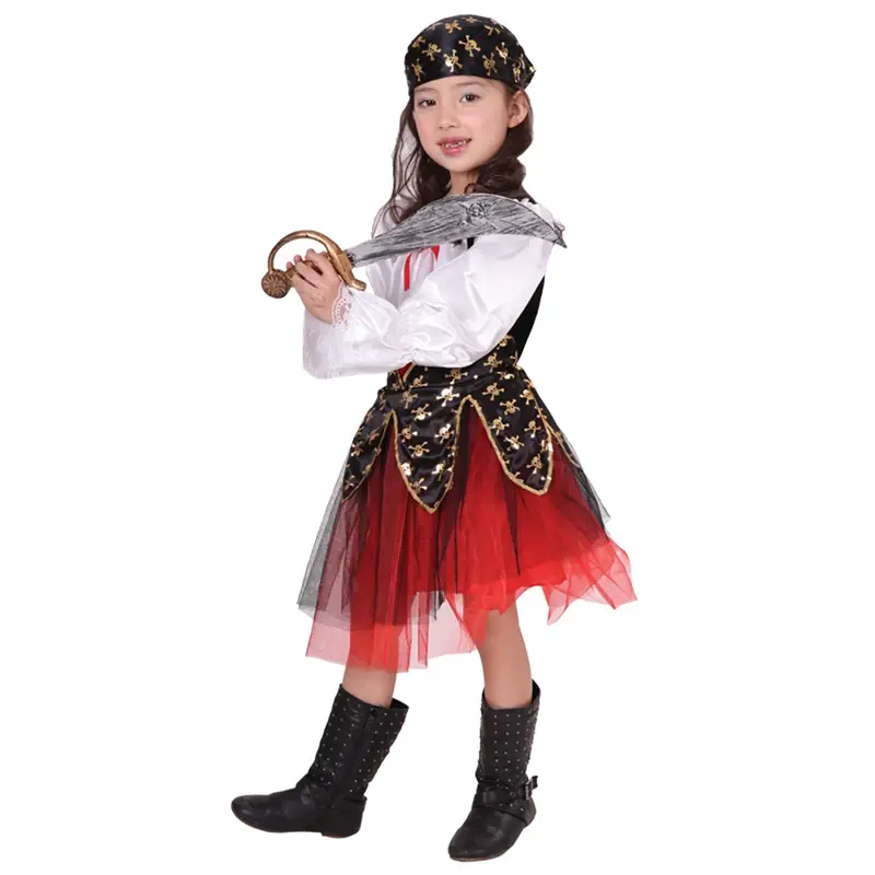 Kids Pirate Costume Fantasia Cosplay Clothing with Headwear Girl Birthday Carnival Party Fancy Dress No Weapon