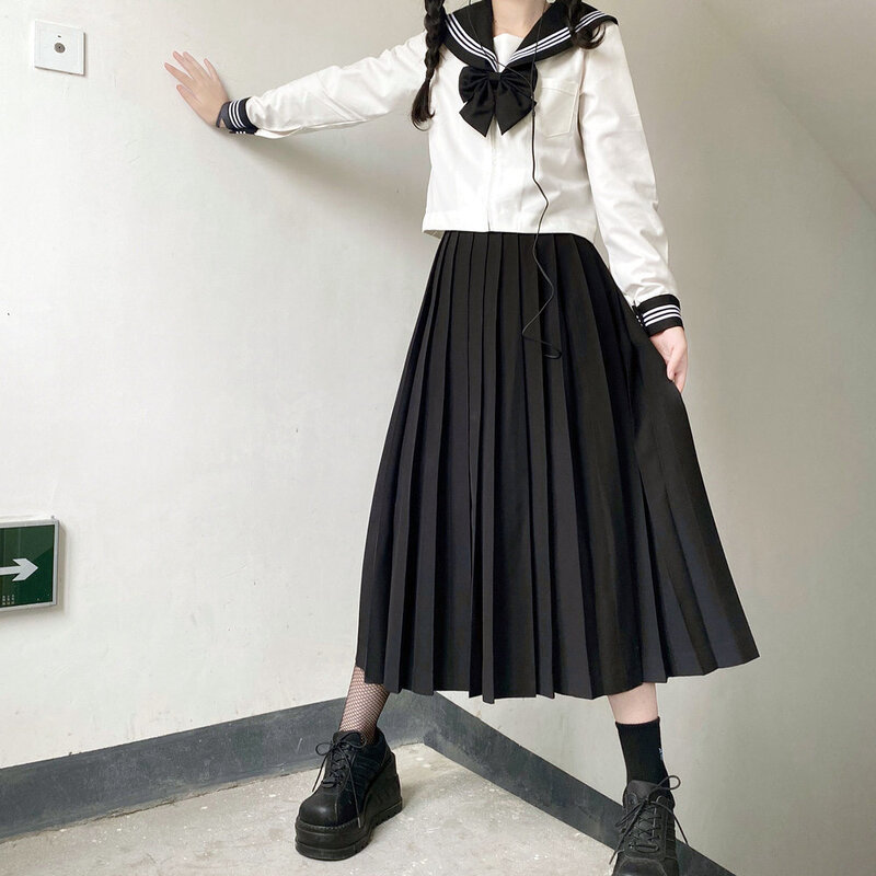 Japanese School Uniform Girls Plus Size Jk Suit Black Tie White Three Basic Sailor Uniform Women Long Sleeve Suit