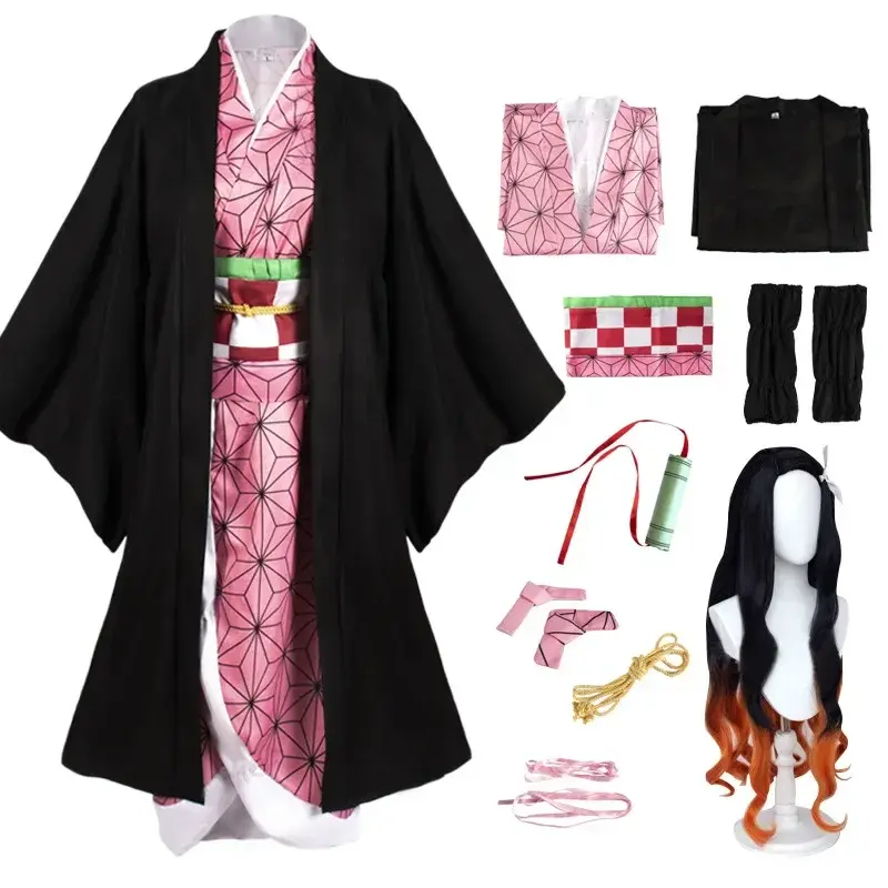 bilibili Anime Demon Slayer Kimetsu No Yaiba Kamado Nezuko Cosplay Costume Women Kimono Wig Halloween Carnival Outfit Suit