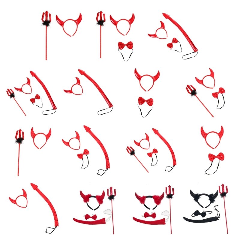 Devil Costume Kits Halloween Party Prop Devil Ears Headband Bow Tie Tail Set Cosplays Performances Prop for Women Kids R7RF