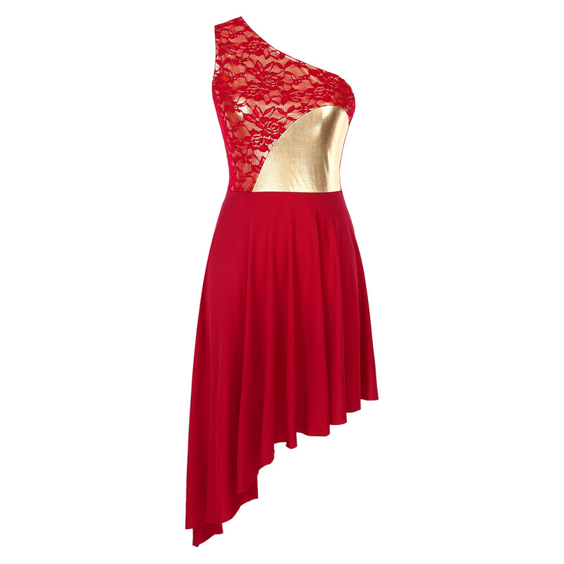 여성용 원 숄더 민소매 칭찬 전례 드레스, 불규칙 레이스 패치워크 발레 댄스웨어, 현대 서정적 댄스 코스튬