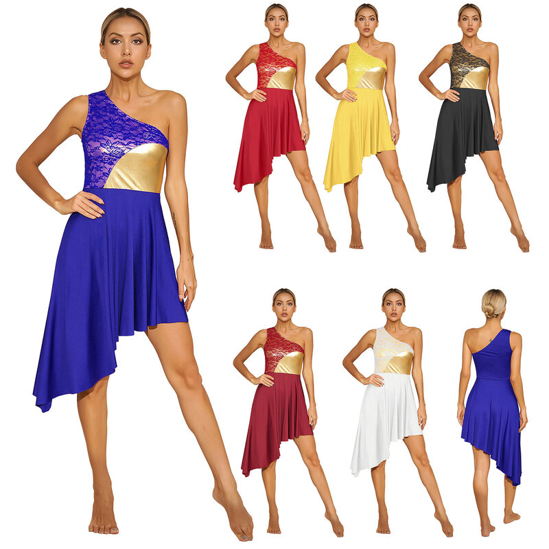 여성용 원 숄더 민소매 칭찬 전례 드레스, 불규칙 레이스 패치워크 발레 댄스웨어, 현대 서정적 댄스 코스튬