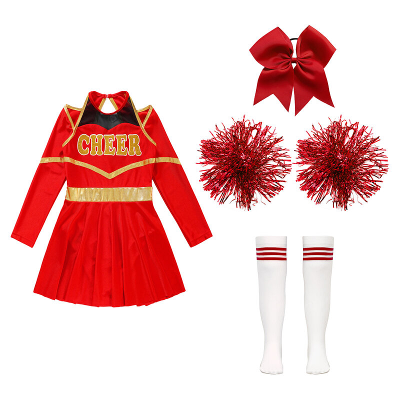 Kids Girls Cheerleading Dance Outfits Letter Print Leotard Dress with 1Pc Bowknot Headwear 2Pcs Hand Flowers Striped Socks