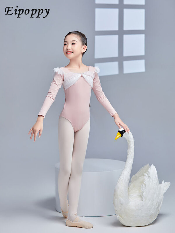 Girl's Dancing Dress High-End Shapewear Autumn Long Sleeve Open Crotch Gym Outfit Ballet One-Piece Suit Exercise Clothing