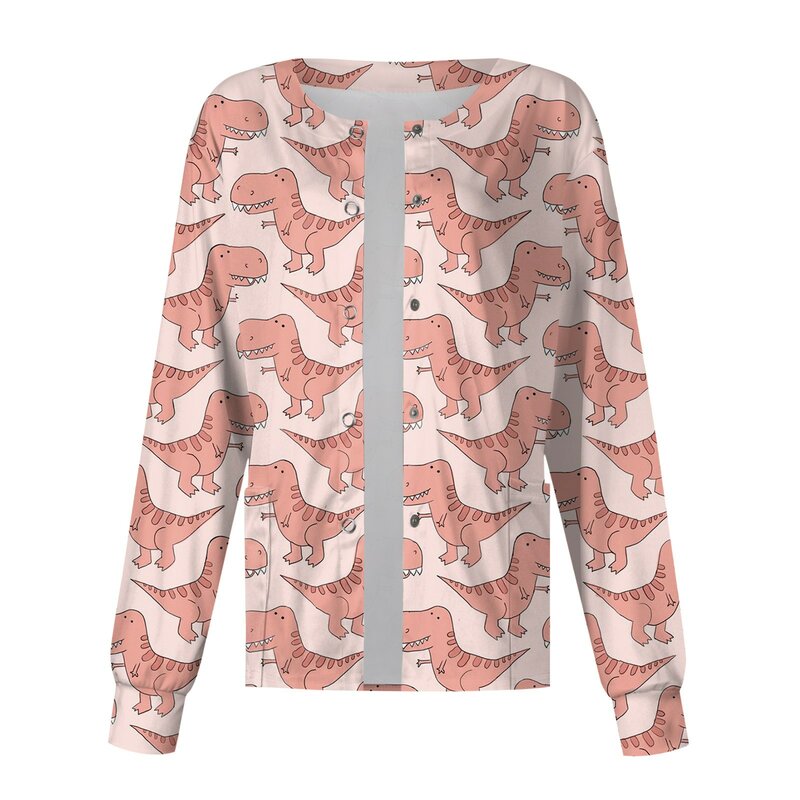 2023 New T Shirt With Pocket Ladies Stand-Up Collar Single-Breasted Jacket Working Uniform Long Sleeve Cartoon Dinosaur Pattern