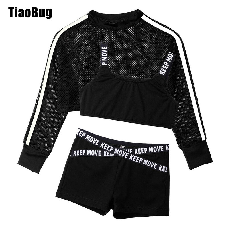 Kids Girls Summer Sport Suit Straps Crop Vest with Hollow Out Breathable Net Cover Up Tops And Shorts Set for Dance Gym Yoga
