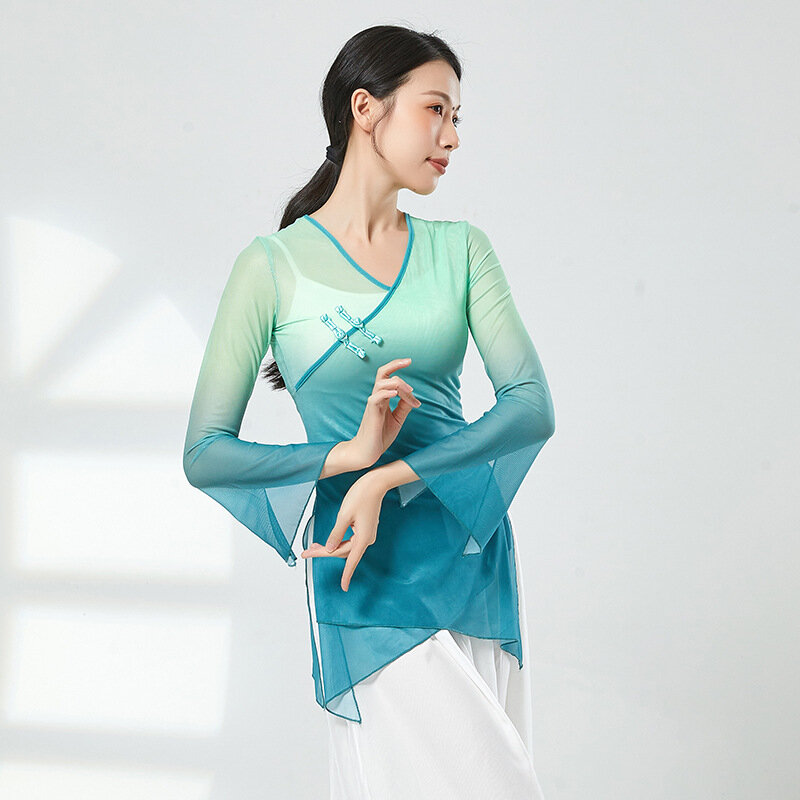 Chinese Traditional Blouse 2 Colors Gauze Top Long Sleeve Classical Dance Shirt Art Test Performance Body Rhyme Transparent Folk