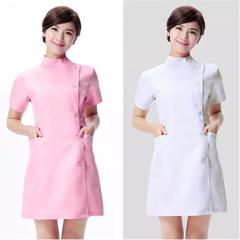 Pink beauty uniform with  beautician dress salon work clothes Spa uniforms scrubs coat Spa white robe experimental clothes