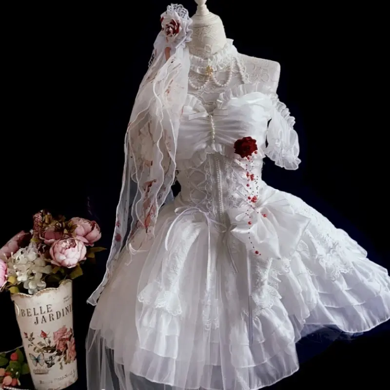 Japanese Victorian Gothic Lolita Dress Elegant Women Cute Lace Mesh Kawaii Fashion Rose Dresses White Girls Sweet Wedding Dress