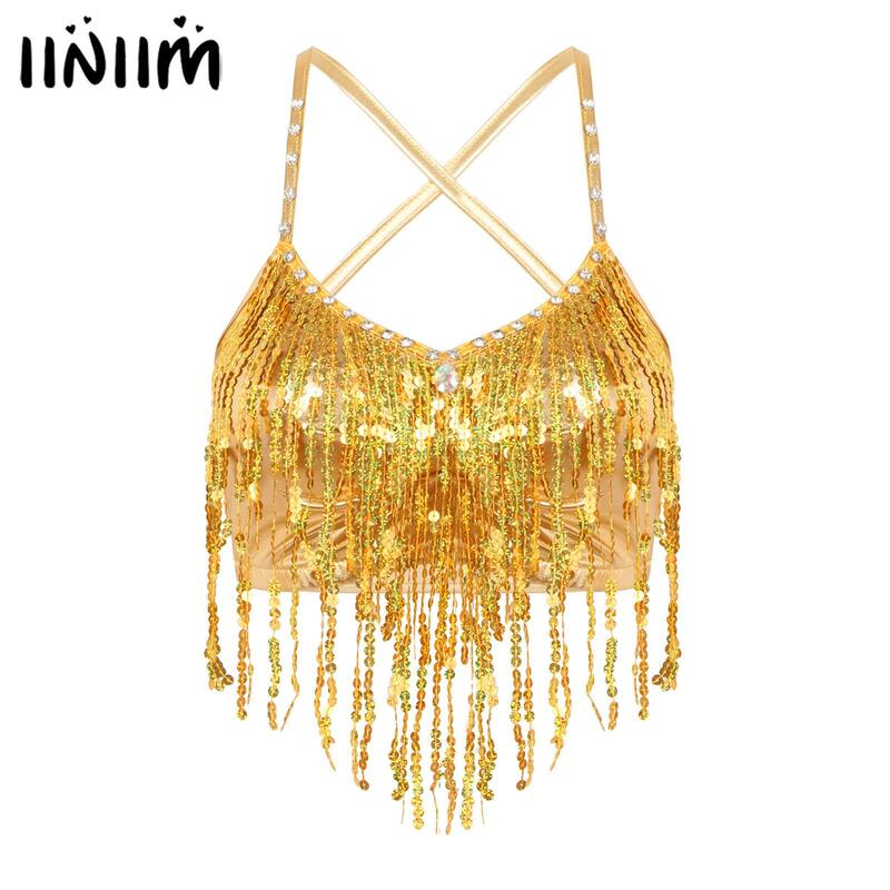 Womens Shiny Sequin Belly Dance Vest  Tops Fringed Crop Top Rhinestone V Neck Sleeveless Camisole Tops for  Stage Performance