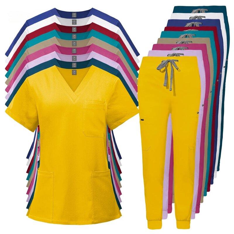 Scrubs Uniform Suit Short Sleeve V-neck Tops+jogger Pants Set Nursing Uniform Women Multicolor Pet Doctor Scrub Medical Workwear