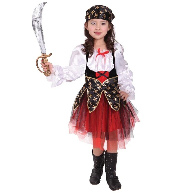 Kids Pirate Costume Fantasia Cosplay Clothing with Headwear Girl Birthday Carnival Party Fancy Dress No Weapon