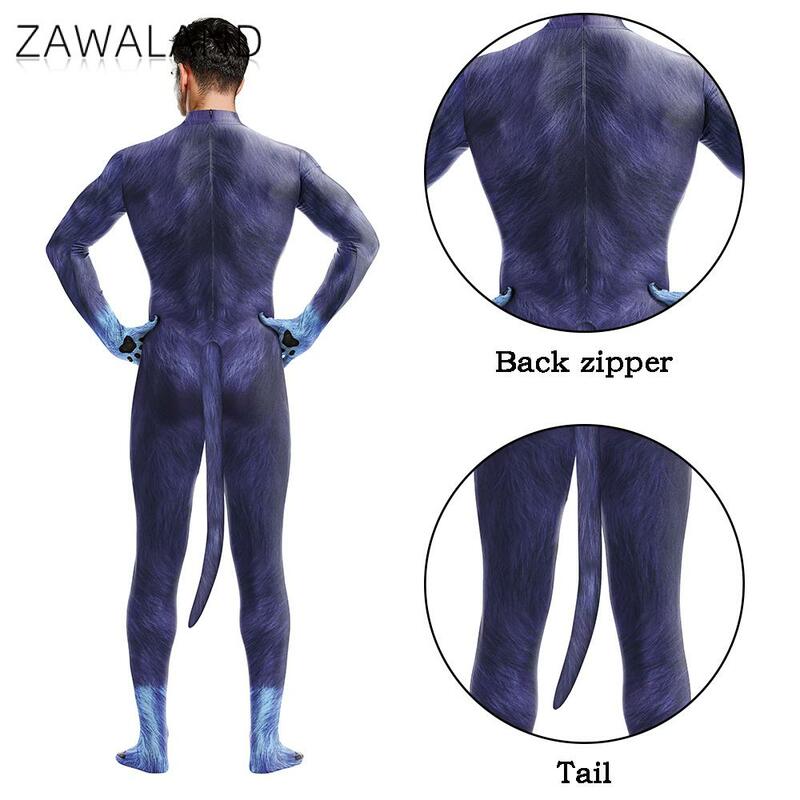Zawaland Cosplay Costume For Male Adult Full Cover Elastic Zentai Pet Suit Animal Dog Puppy Print Catsuit Bodysuits With Tail