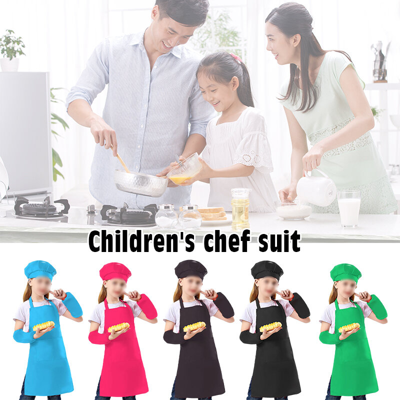 3pcs Set Children Pocket Bib Apron Kid Boys Girls Kitchen Apron Kindergarten Child Kids Craft Painting Cooking Housework Hat Set