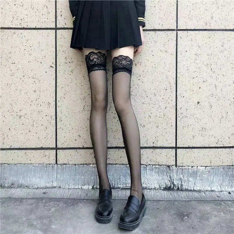 JK Costumes Women Sexy Thigh High Fishnet Stockings Lolita Girls Gothic Punk Transparent Over Knee Red Wide Edge Long High Socks