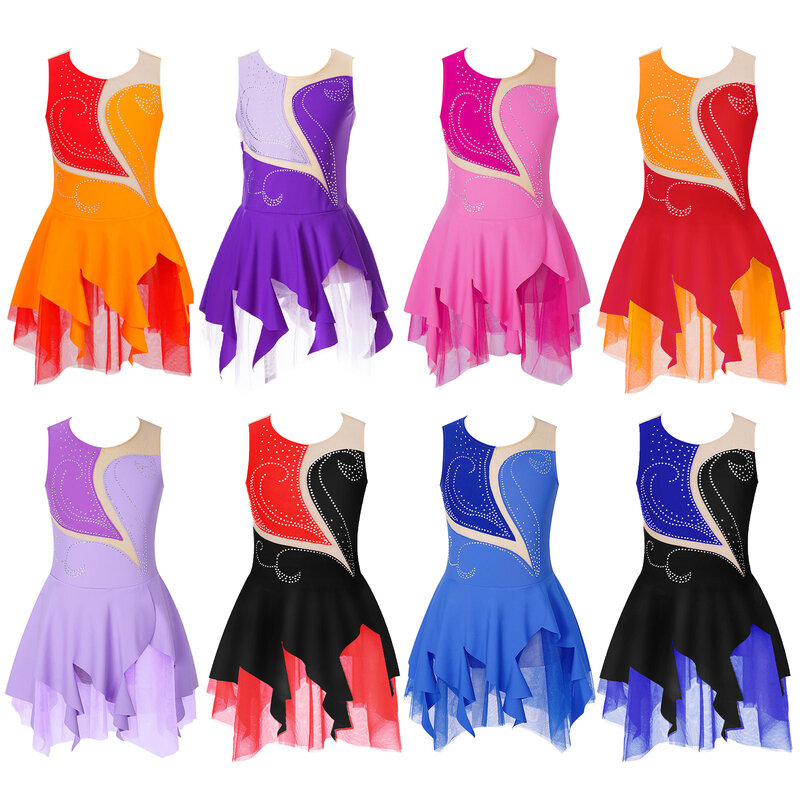 Kids Girls Sleeveless Figure Skating Dress Shiny Rhinestone Sheer Mesh Tutu Ballet Lyrical Dance Gymnastics Leotrad Dancewear
