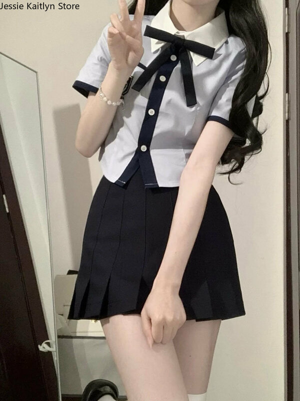 Japanese Student JK School Uniform Summer Sweet Kawaii Uniform Set Vintage Cute Girls Navy Blue Shirt and Mini Pleated Skirt Set