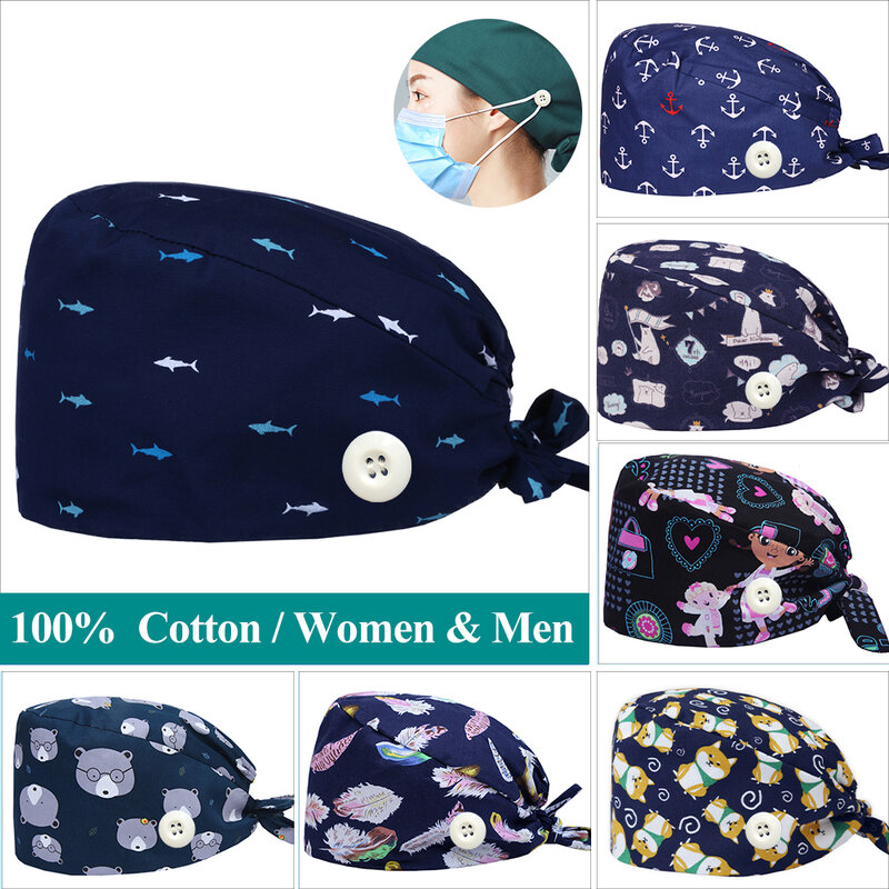 Shark Navy Print Scrub Caps Pattern Nursing Work Hat Women Men 100% Cotton Spa Plastic Beautician Chef Skull Cap M285