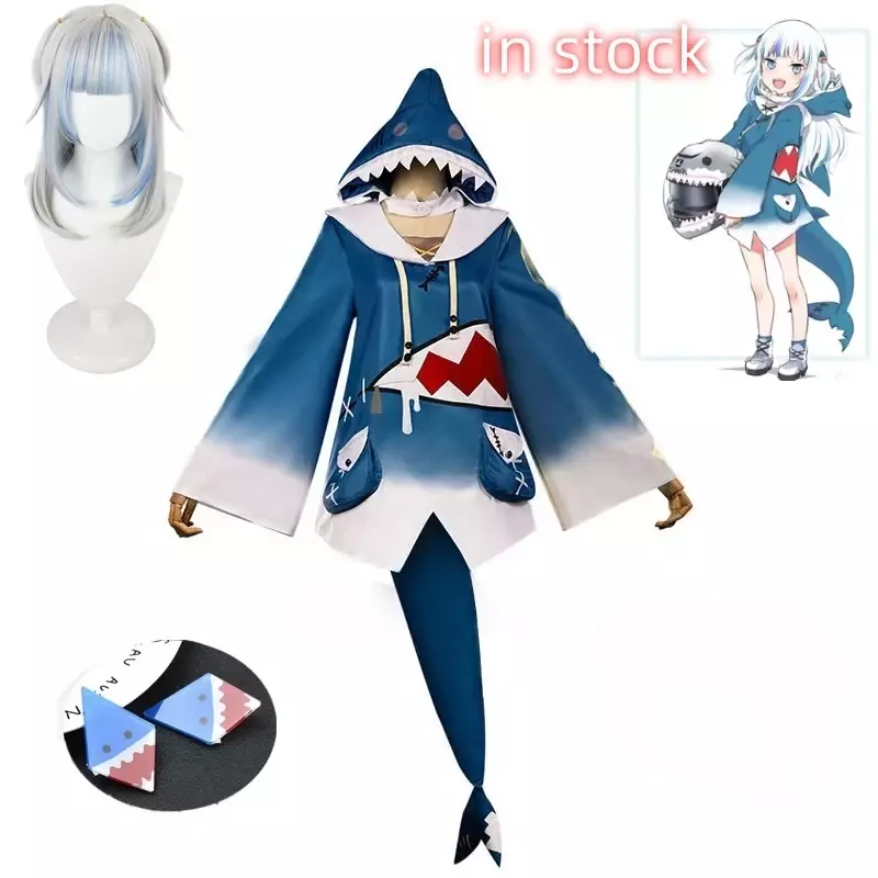 in stock  Hololive ENG Gawr Gura Cosplay Costume Cute Shark Costume Hoodie For Women Halloween Youtuber Cosplay