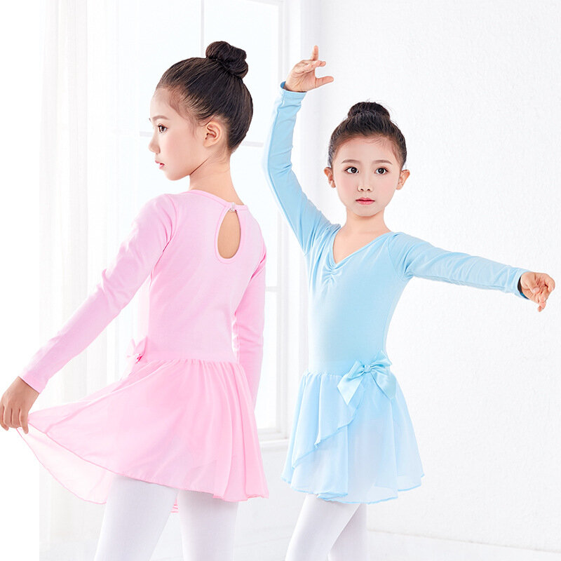 1pcs/lot Girls Ballet dancing Leotard Dancewear Cotton Long Sleeves Ballet Dance dress with Chiffon Set Ballerina Clothing