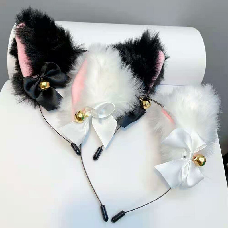 Sexy Cat Ears Headband for Women Girls Lace Bow Necklace Plush Bell Hairband Cosplay Masquerade-Party Costume Hair Accessories