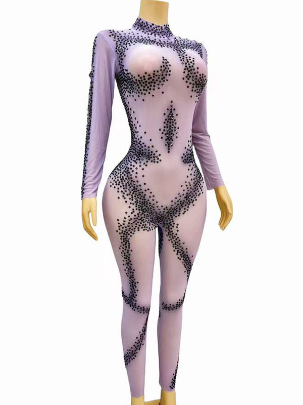 Sexy Light Purple See Through Elastic Mesh Women Bodysuit Black Crystal Jumpsuit Photo Shoot Show Wear Carnival Stage Costume
