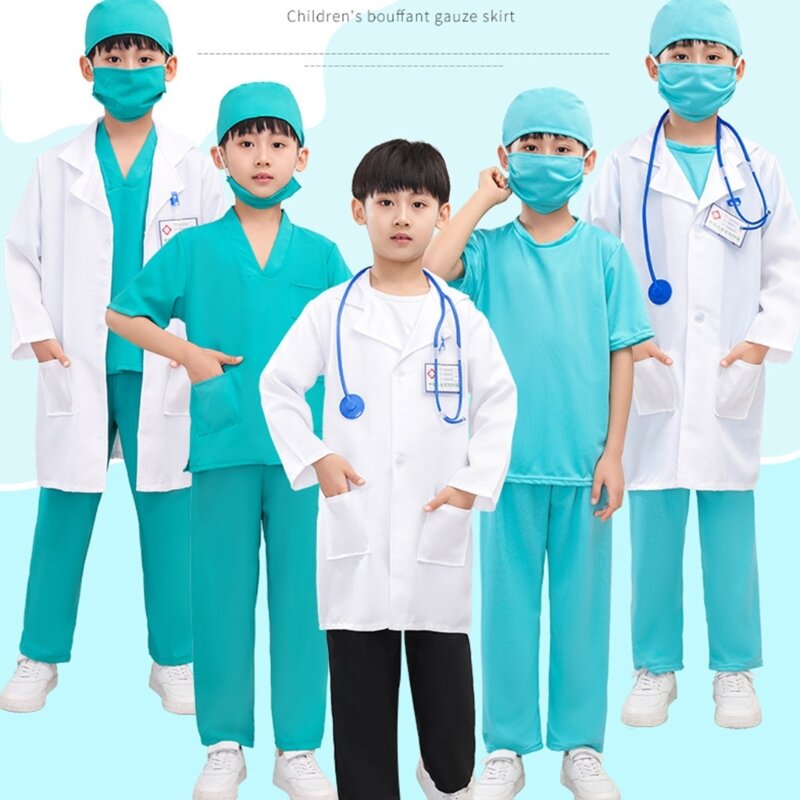 1Set Kids Boys Girls Role-Play Doctor Nurse Fancy Dress with Scrubs Uniforms Face Mask and Stethoscope R7RF R7RF