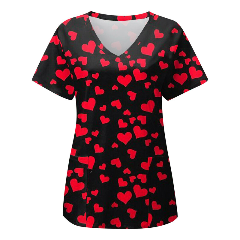 Valentine's Day Nurse Uniform Womens Print Short Sleeve Pocket Tops Workwear Health Workers Nursing Working Uniform Healthcare