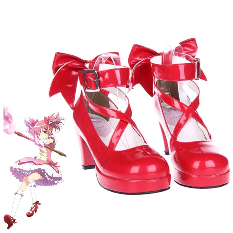 Game Magic Madoka Cosplay Shoes Custom Lolita Costume Props Bow-knot Sandals PU Leather High Heel Princess Shoes for Women Girls