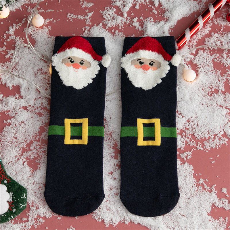ถุงเท้าคริสมาสต์สำหรับผู้หญิง, ถุงเท้าครึ่งท่อนให้ความอบอุ่นปานกลางถุงเท้าผ้าฝ้ายลายการ์ตูนน่ารักสำหรับ KAOS Kaki anak perempuan ฤดูหนาวของขวัญคริสต์มาสปีใหม่1คู่