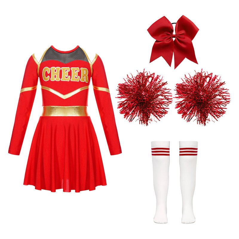 Kids Girls Cheerleading Dance Outfits Letter Print Leotard Dress with 1Pc Bowknot Headwear 2Pcs Hand Flowers Striped Socks