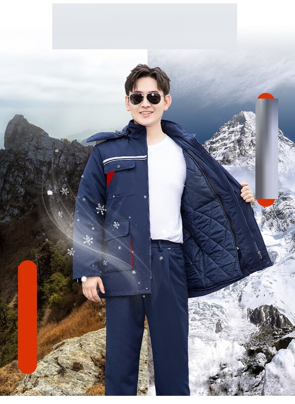 Unisex Anti estático reflexivo Stripe trabalho terno, Multi bolsos segurança casaco com capuz, algodão destacável acolchoado uniforme de inverno