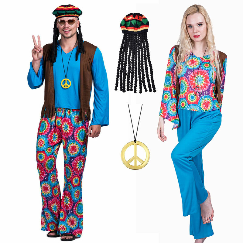 Men Women Hippie Love Peace Costume Fancy Carnival Mens Vintage 70s Vest Party Hippie Outfit Costume